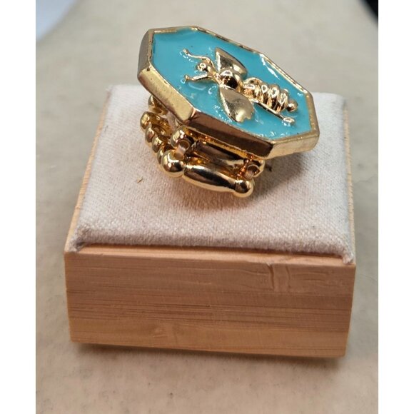 Gold-Tone Bee Statement Ring With Turquoise Enamel Octagon Design Adjustable Siz - Picture 4 of 4